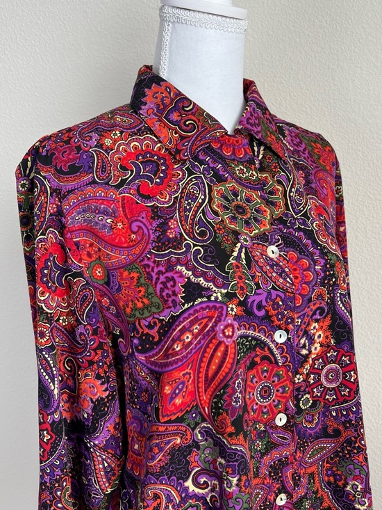 Vintage Paisley Button Shirt Women Medium Purple Red Retro Boho 90s Blouse - Picture 3 of 10